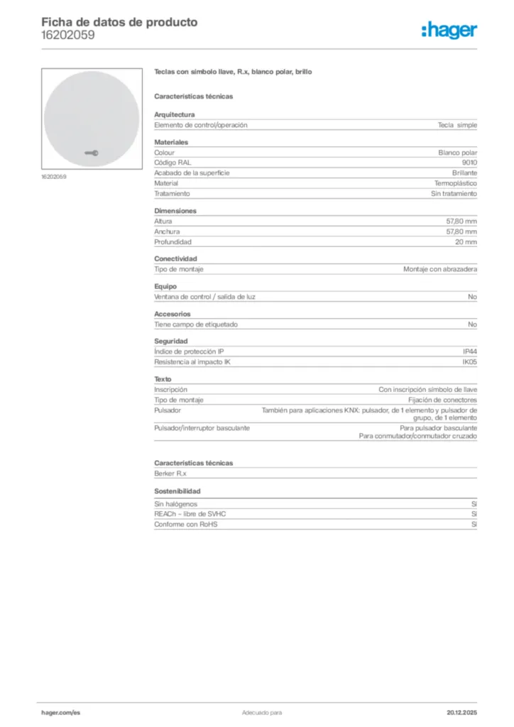 Imagen Hager Ficha de datos de producto 16202059 | Hager España
