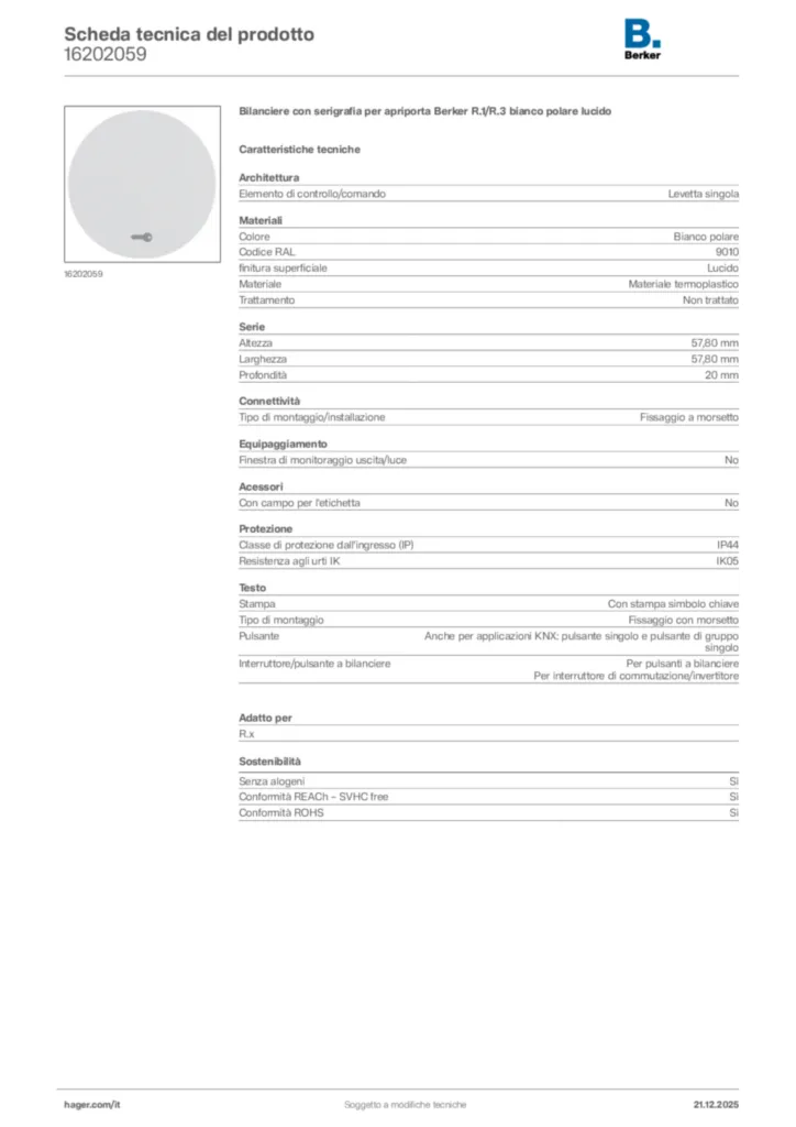 Immagine Berker Scheda tecnica del prodotto 16202059 | Hager Italia