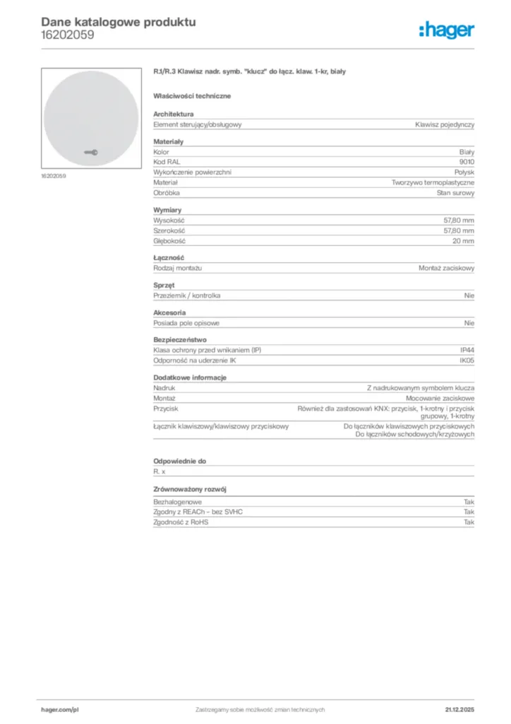 Zdjęcie Hager Dane katalogowe produktu 16202059 | Hager Polska
