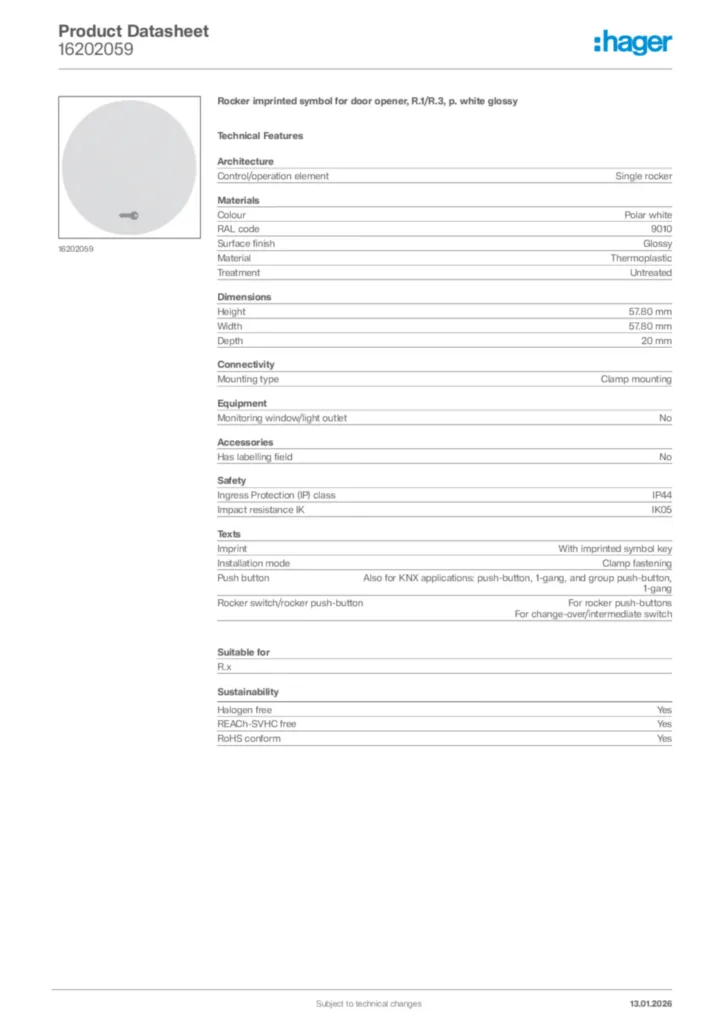 Image Hager Product data sheet 16202059  | Hager