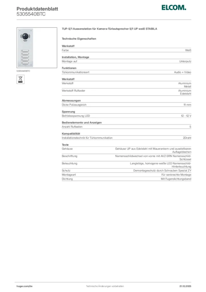 Bild Elcom Produktdatenblatt 5305540BTC | Hager Deutschland
