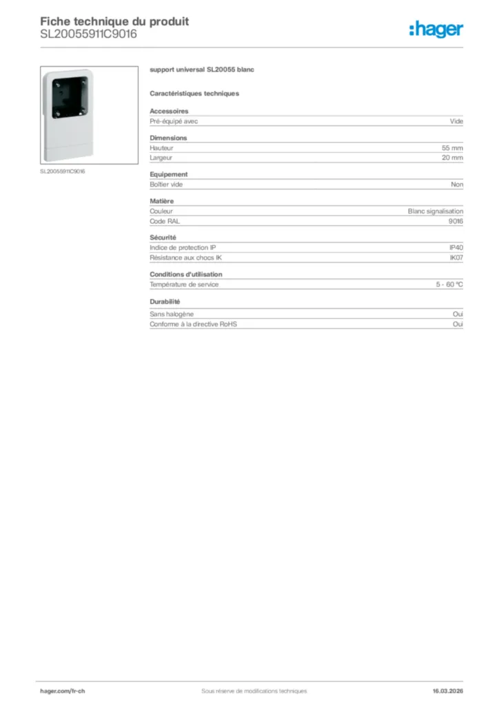 Image Hager Fiche technique du produit SL20055911C9016 | Hager Suisse