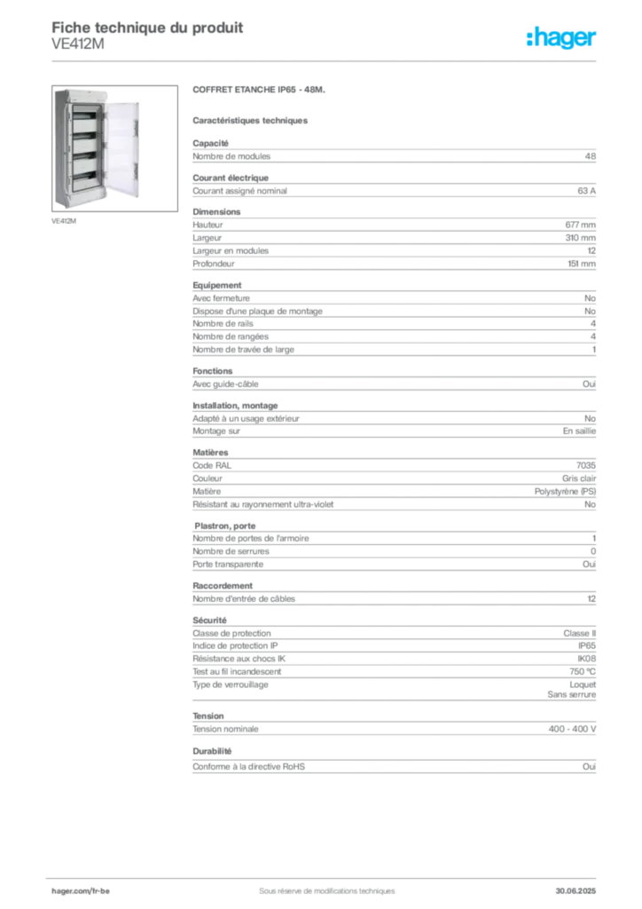 Image Hager Fiche technique du produit VE412M | Hager Belgique