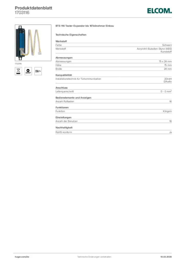 Bild Elcom Produktdatenblatt 1703116 | Hager Deutschland