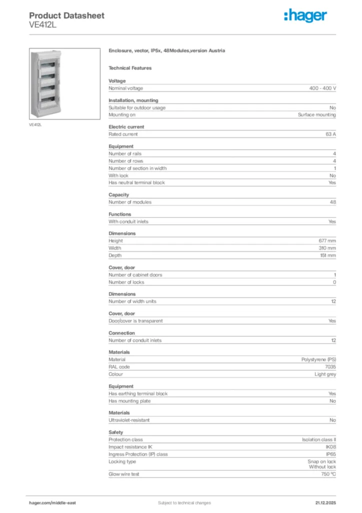 Image Hager Product data sheet VE412L  | Hager