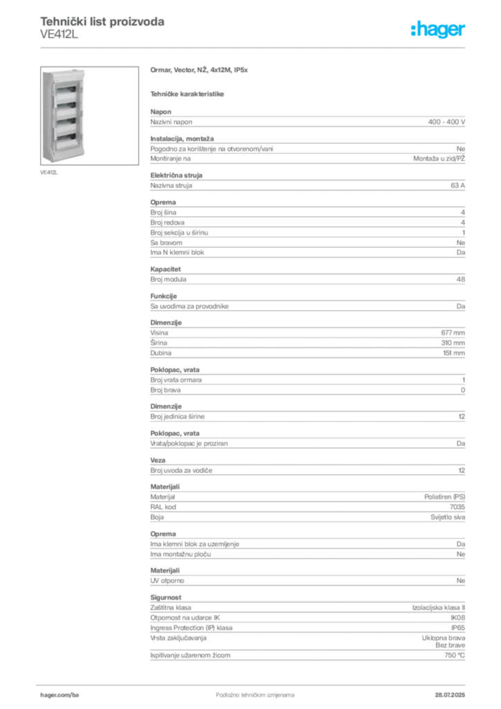 Slika Hager Product data sheet VE412L  | Hager
