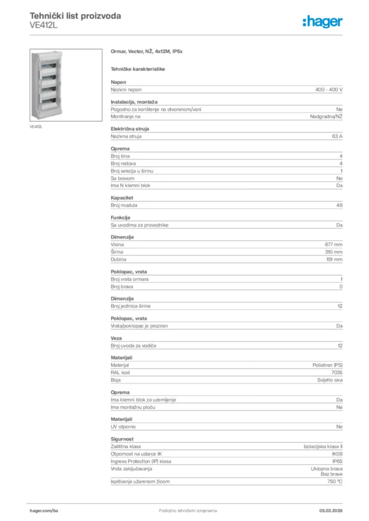 Slika Hager Tehnički list proizvoda VE412L  | Hager