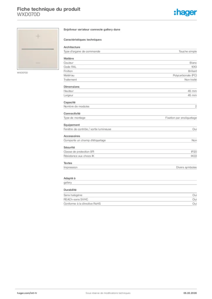 Image Hager Fiche technique du produit WXD070D | Hager Afrique