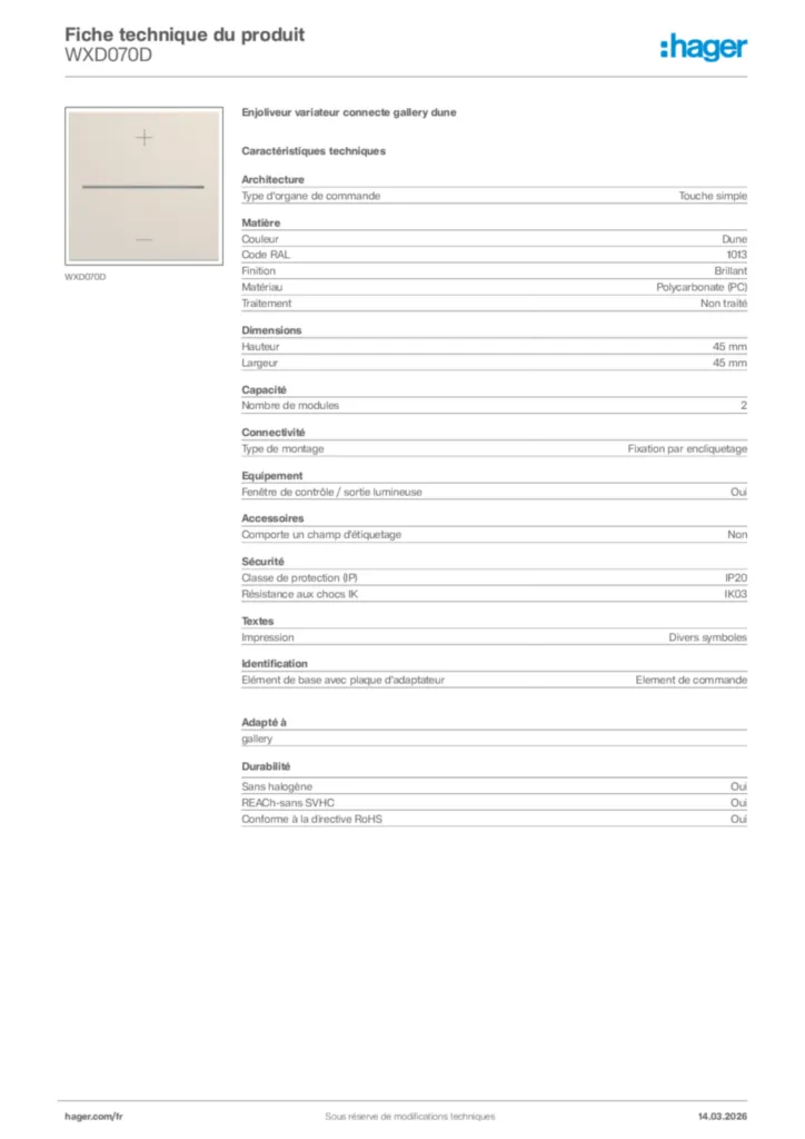 Image Hager Fiche technique du produit WXD070D | Hager France