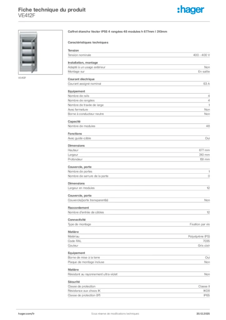 Image Hager Fiche technique du produit VE412F | Hager France