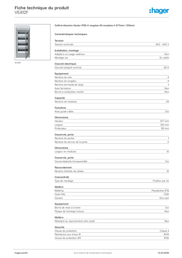 Image Hager Fiche technique du produit VE412F | Hager France