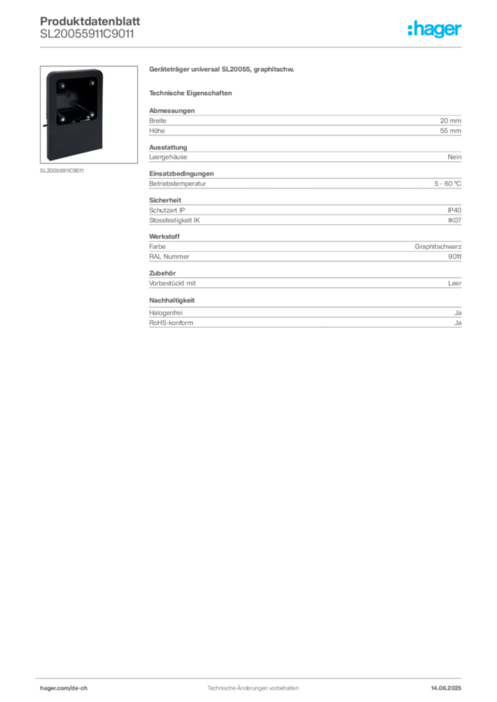 Bild Hager Produktdatenblatt SL20055911C9011 | Hager Schweiz