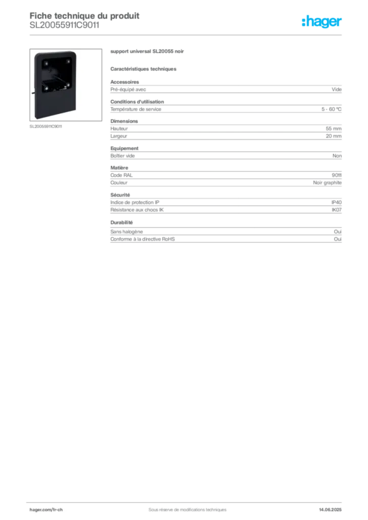 Image Hager Fiche technique du produit SL20055911C9011 | Hager Suisse