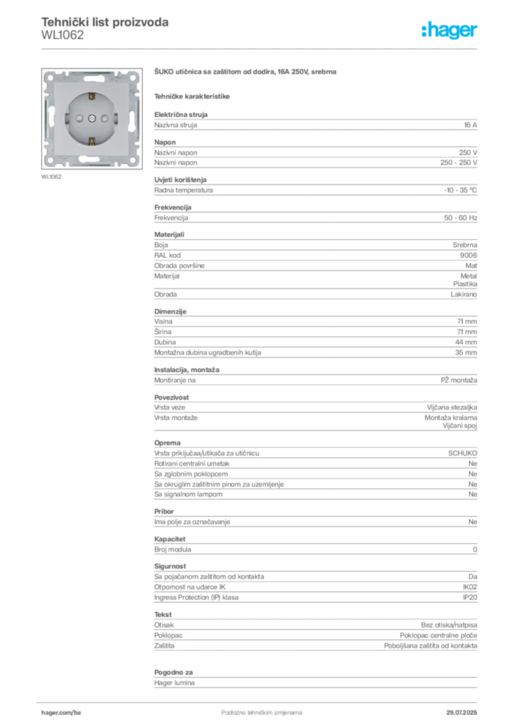 Slika Hager Product data sheet WL1062  | Hager