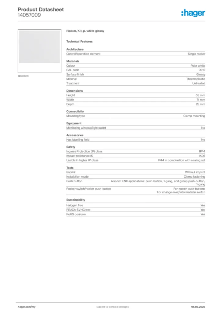 Image Hager Product data sheet 14057009  | Hager