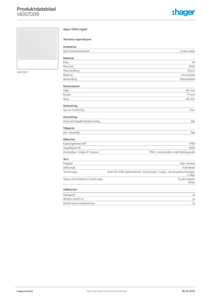 Bild Hager Produktdatablad 14057009 | Hager Sverige