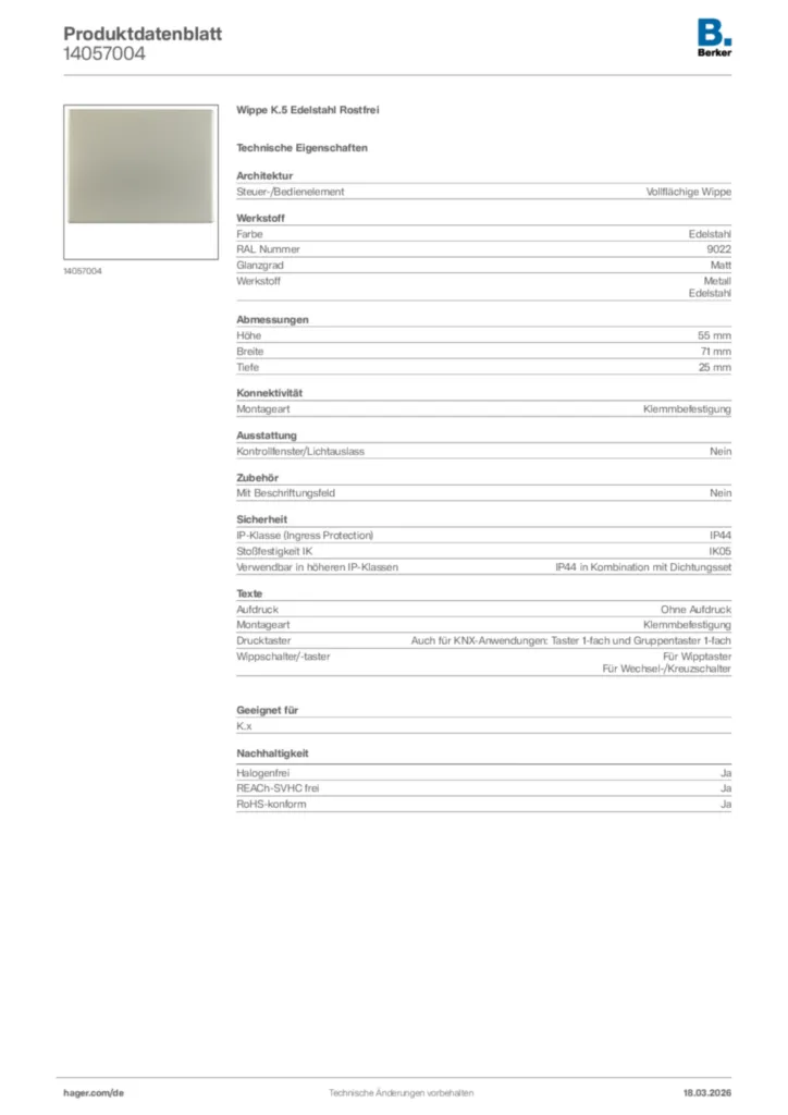 Bild Berker Produktdatenblatt 14057004 | Hager Deutschland