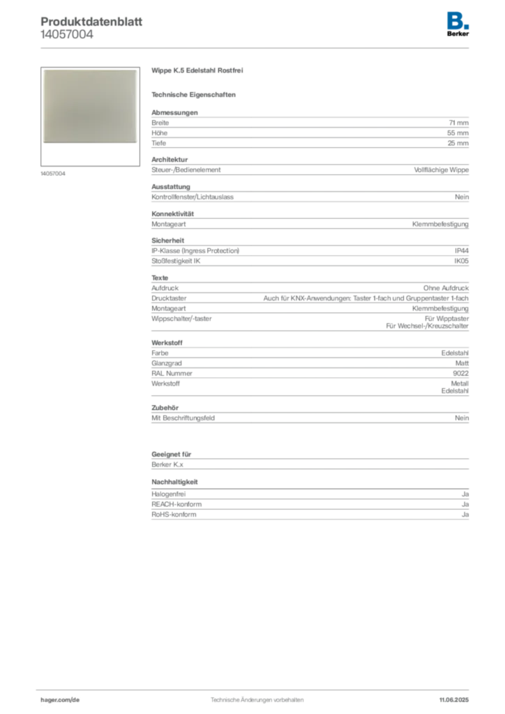 Bild Berker Produktdatenblatt 14057004 | Hager Deutschland