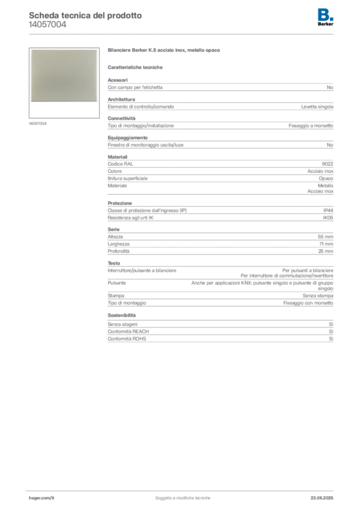 Immagine Berker Scheda tecnica del prodotto 14057004 | Hager Italia