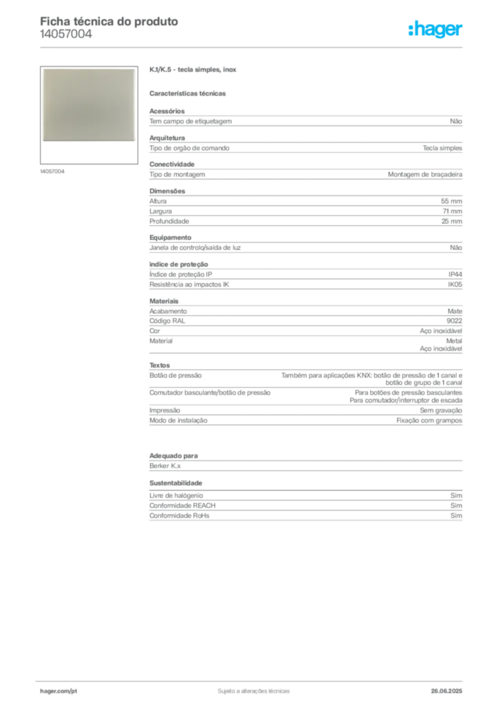 Imagem Hager Ficha técnica do produto 14057004 | Hager Portugal