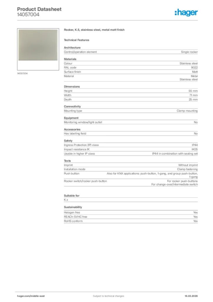 Image Hager Product data sheet 14057004  | Hager