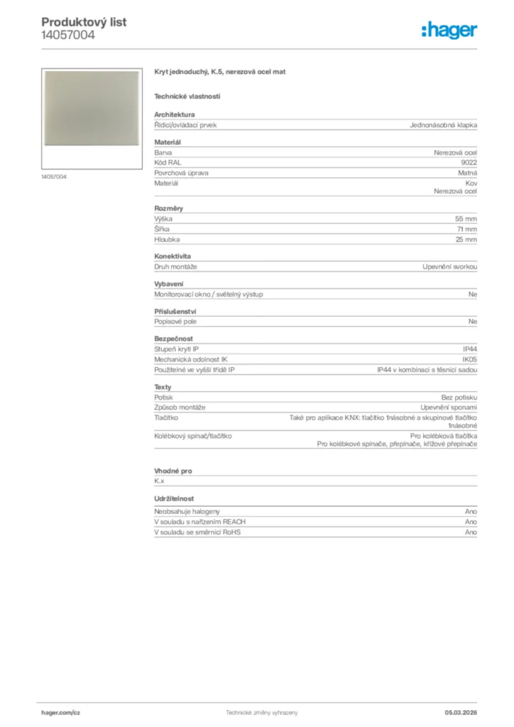 Obrázek Hager Product data sheet 14057004 | Hager