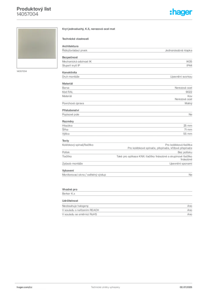 Obrázek Hager Produktový list 14057004 | Hager