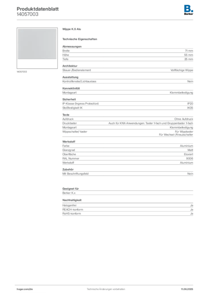 Bild Berker Produktdatenblatt 14057003 | Hager Deutschland