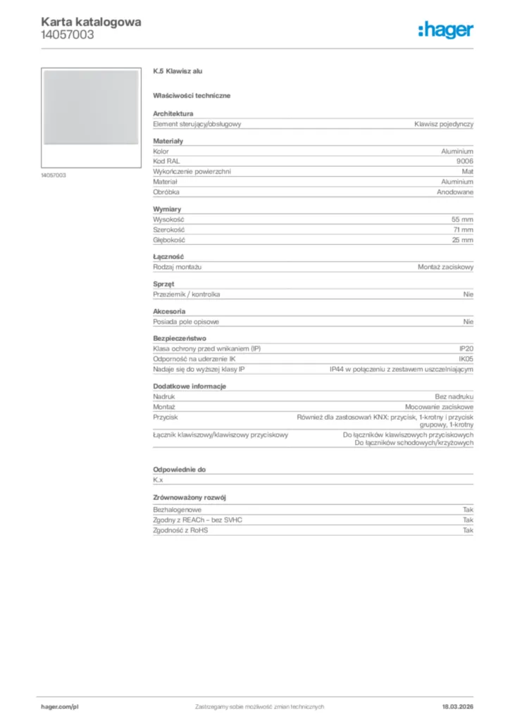 Zdjęcie Hager Karta katalogowa 14057003 | Hager Polska