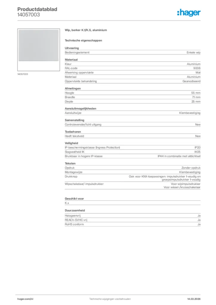 Afbeelding Hager Productdatablad 14057003 | Hager Nederland