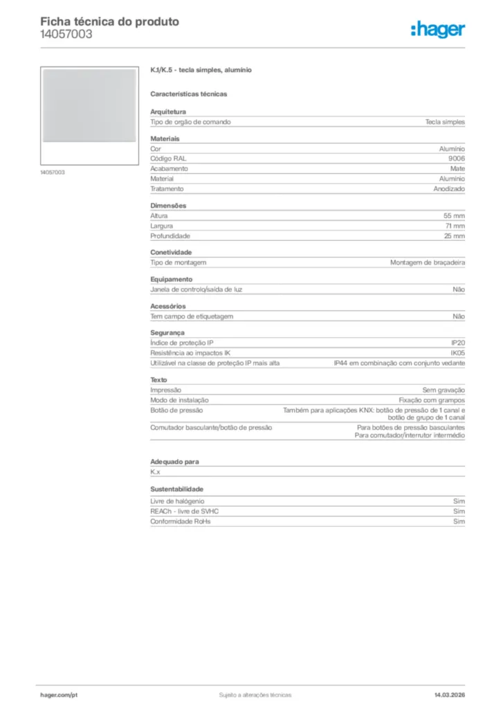 Imagem Hager Ficha técnica do produto 14057003 | Hager Portugal