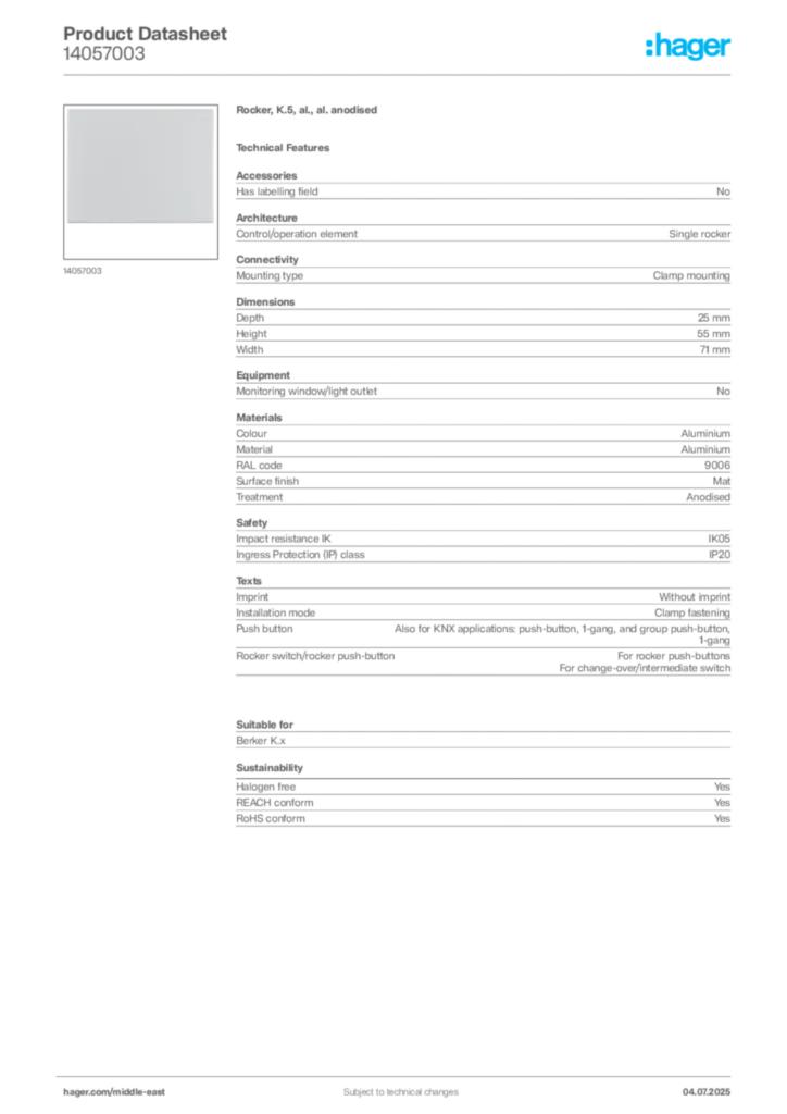 Image Hager Product data sheet 14057003  | Hager