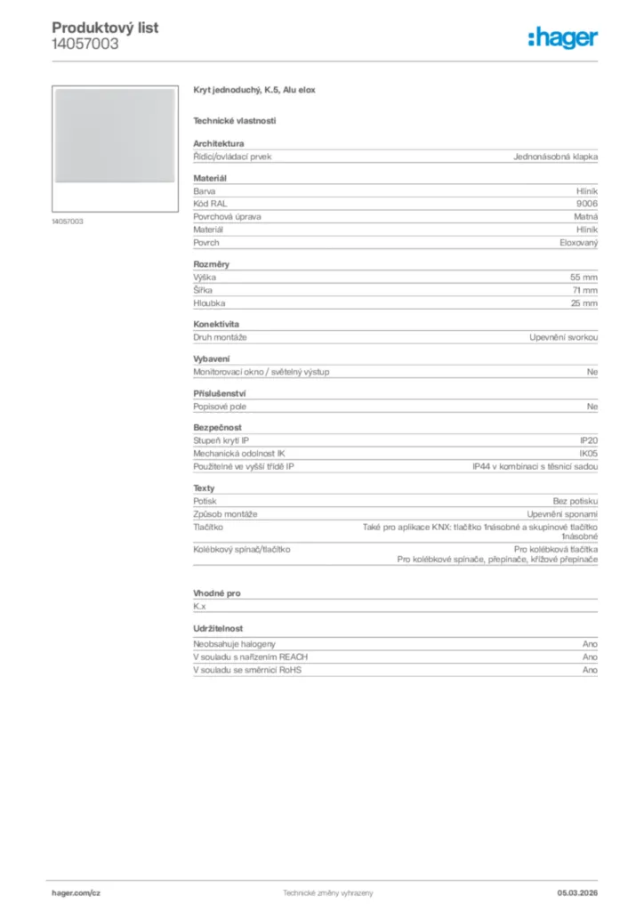 Obrázek Hager Product data sheet 14057003 | Hager