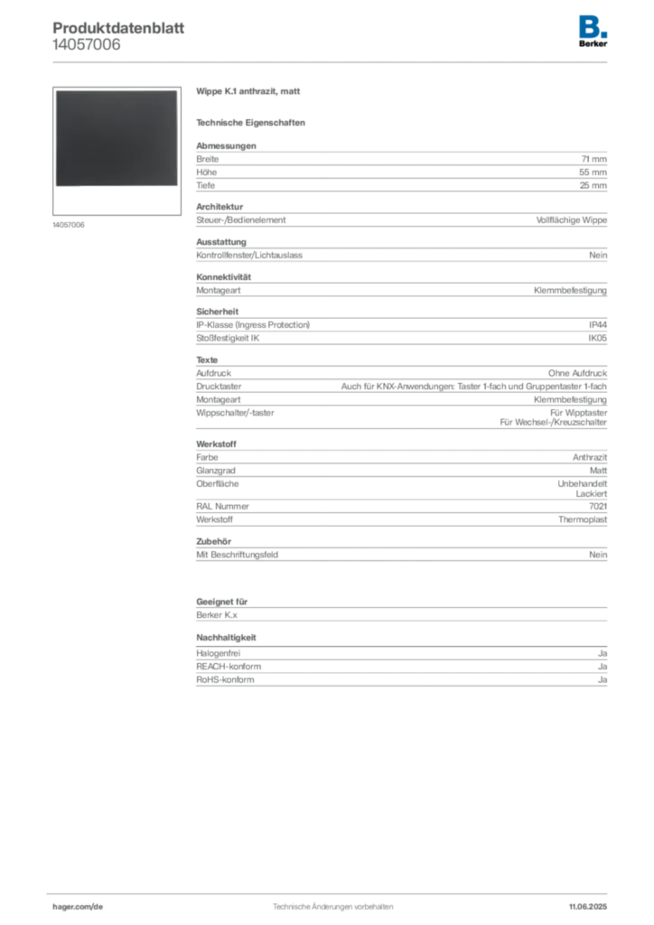 Bild Berker Produktdatenblatt 14057006 | Hager Deutschland