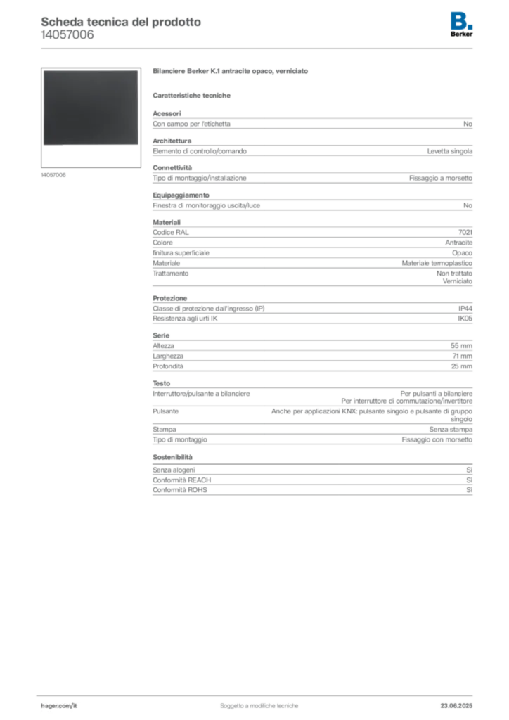 Immagine Berker Scheda tecnica del prodotto 14057006 | Hager Italia