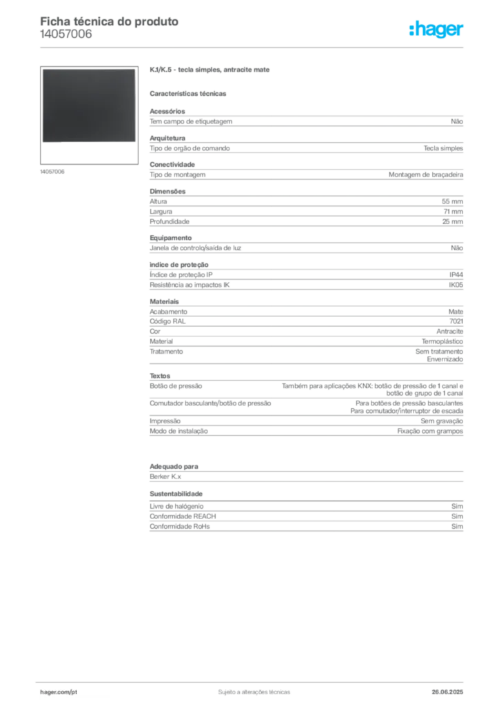 Imagem Hager Ficha técnica do produto 14057006 | Hager Portugal