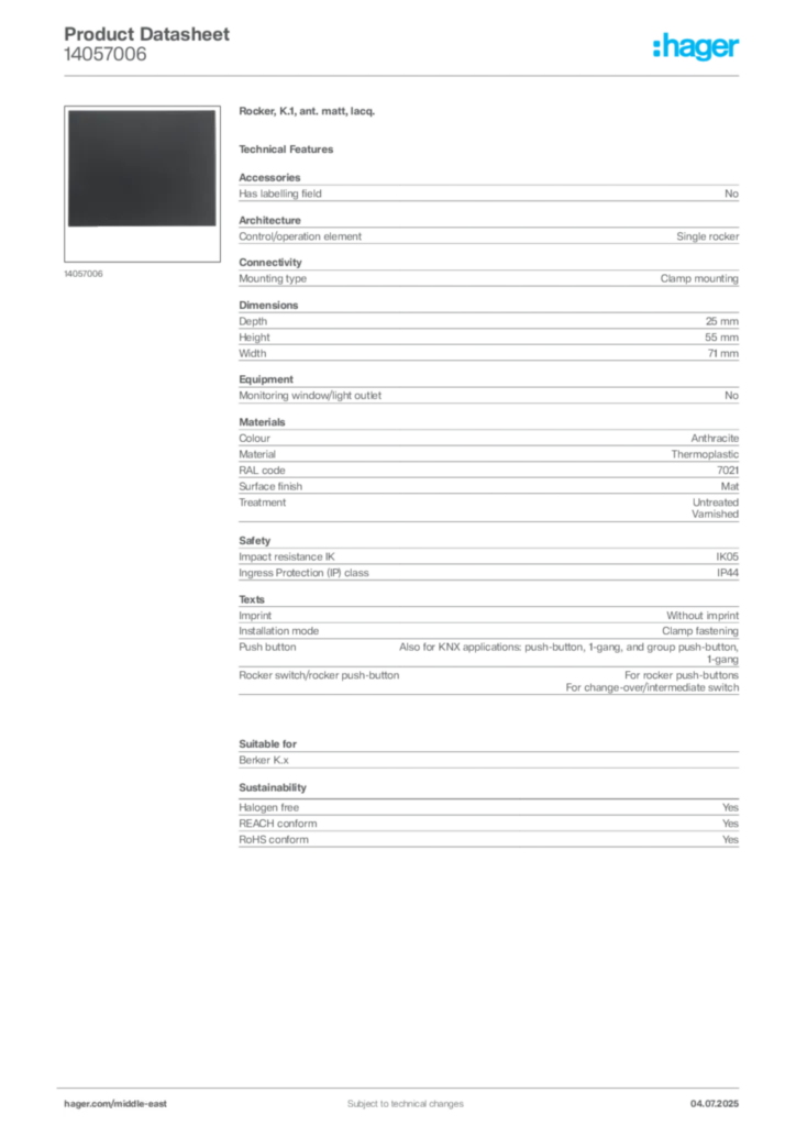 Image Hager Product data sheet 14057006  | Hager