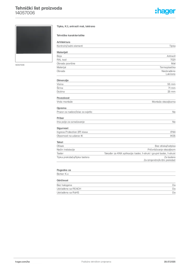 Slika Hager Product data sheet 14057006  | Hager