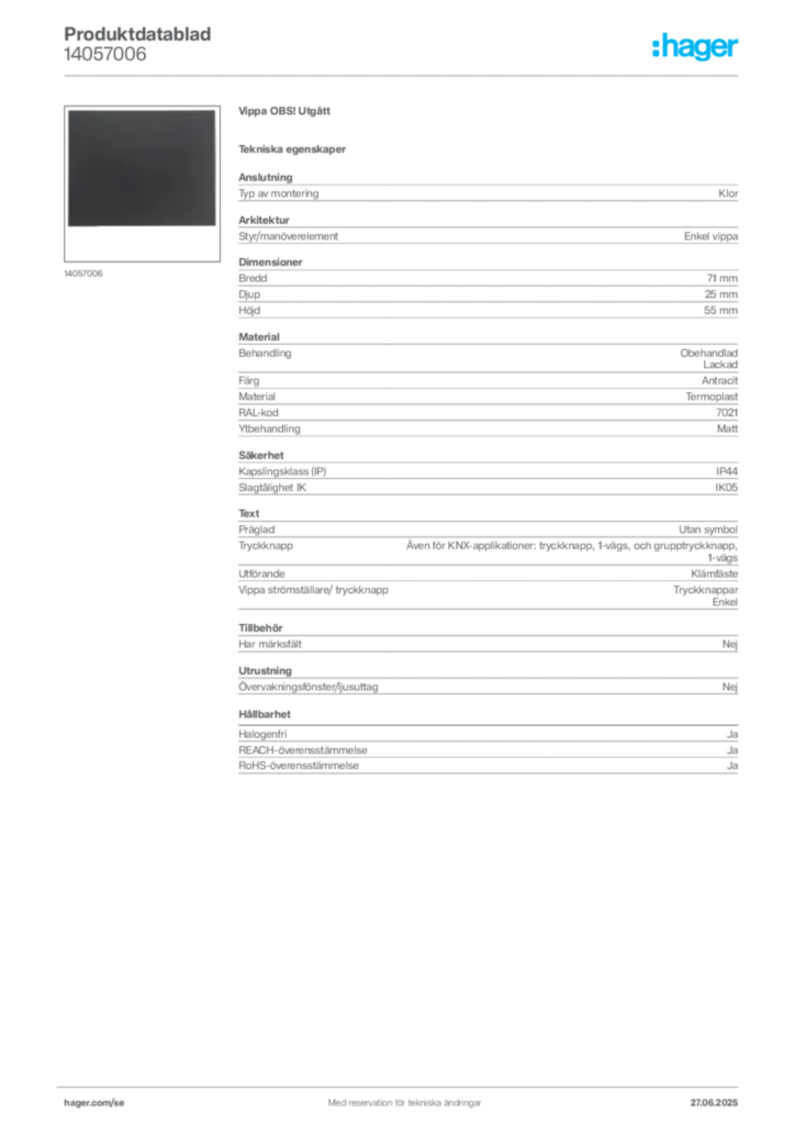 Bild Hager Produktdatablad 14057006 | Hager Sverige