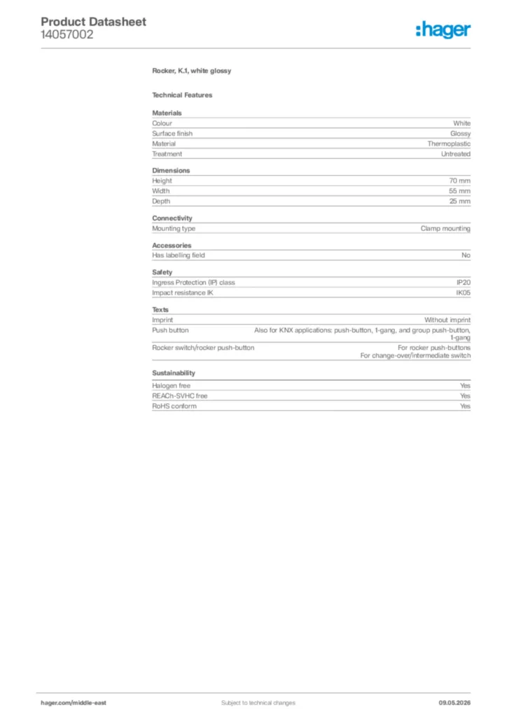 Image Hager Product data sheet 14057002  | Hager