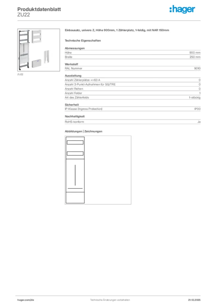 Bild Hager Produktdatenblatt ZU22 | Hager Deutschland