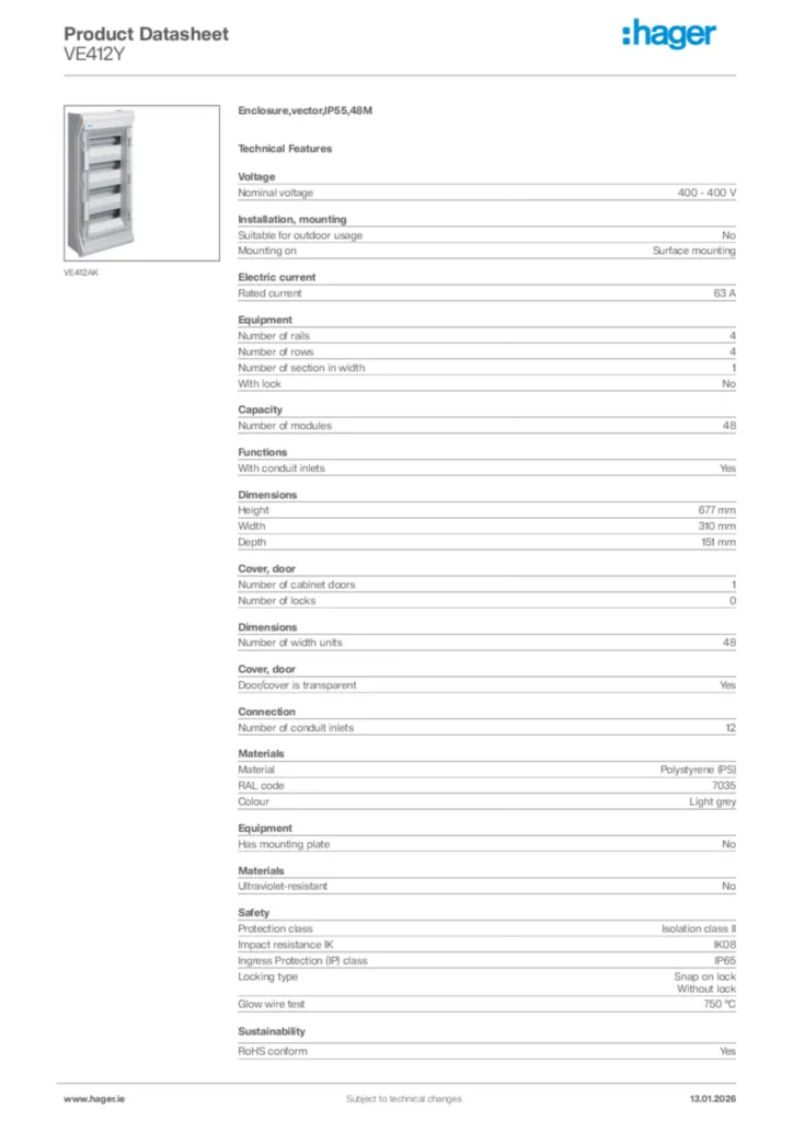 Image Hager Product data sheet VE412Y  | Hager