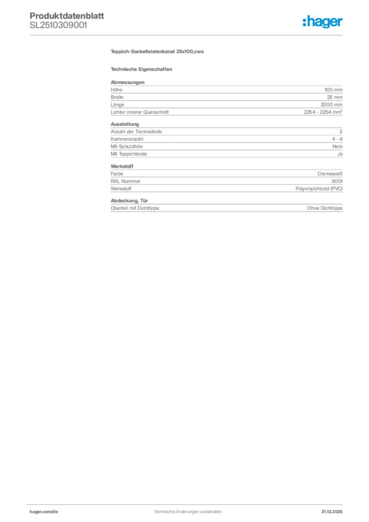 Bild Hager Produktdatenblatt SL2510309001 | Hager Deutschland