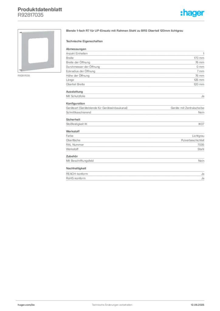 Hager Produktdatenblatt R92817035