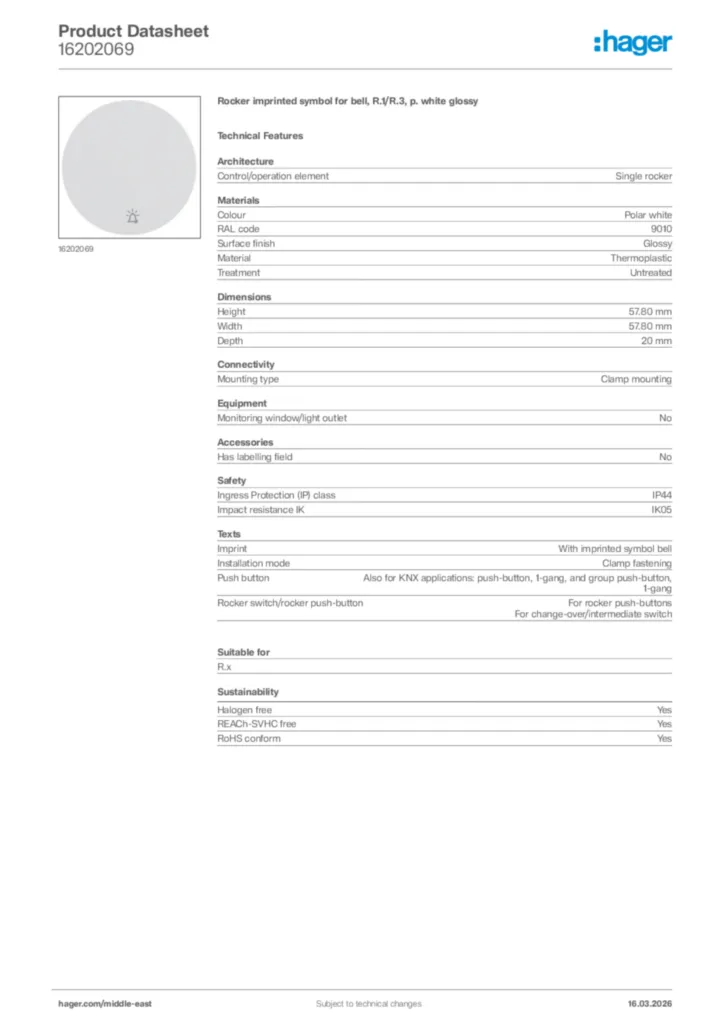 Image Hager Product data sheet 16202069  | Hager