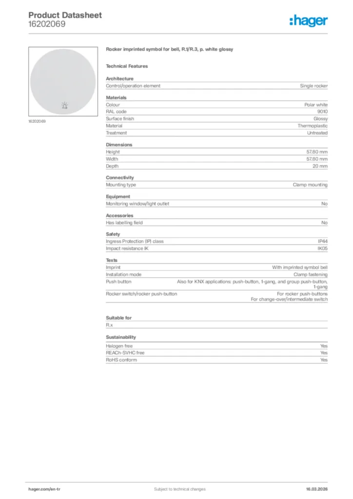 Image Hager Product data sheet 16202069  | Hager