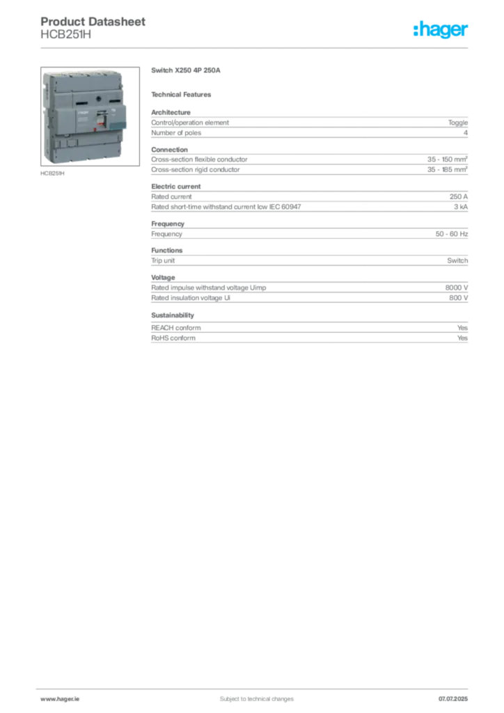 Image Hager Product data sheet HCB251H  | Hager