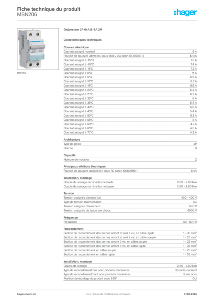 Image Hager Fiche technique du produit MBN206 | Hager Suisse