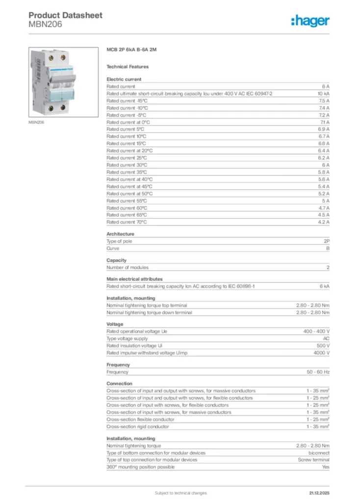 Image Hager Product data sheet MBN206  | Hager