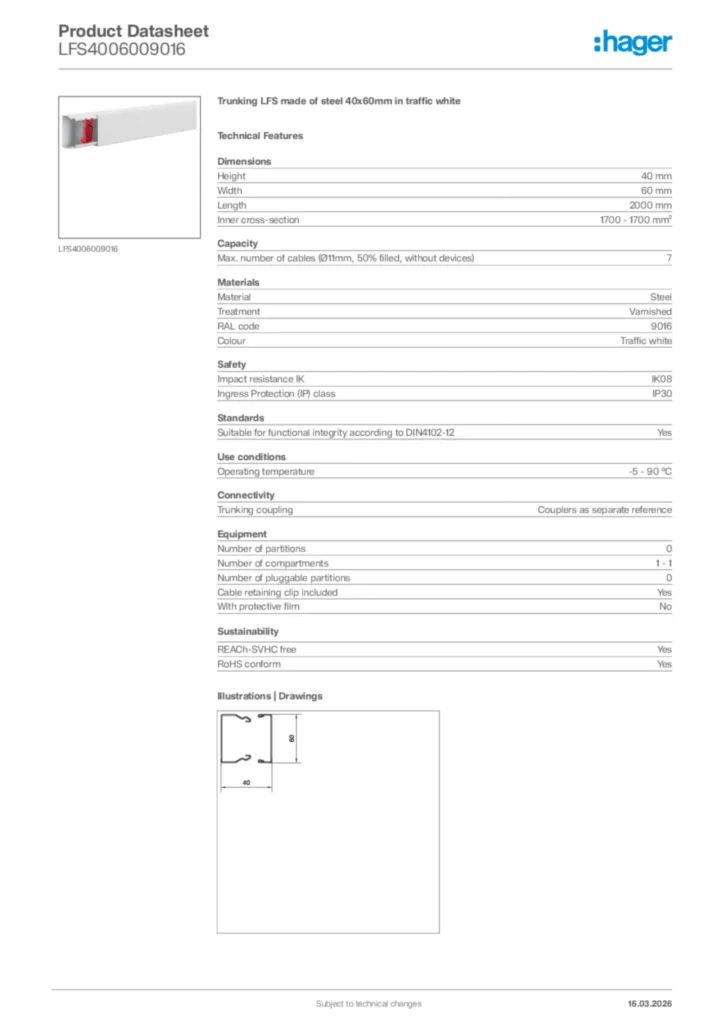 Image Hager Product data sheet LFS4006009016  | Hager Africa